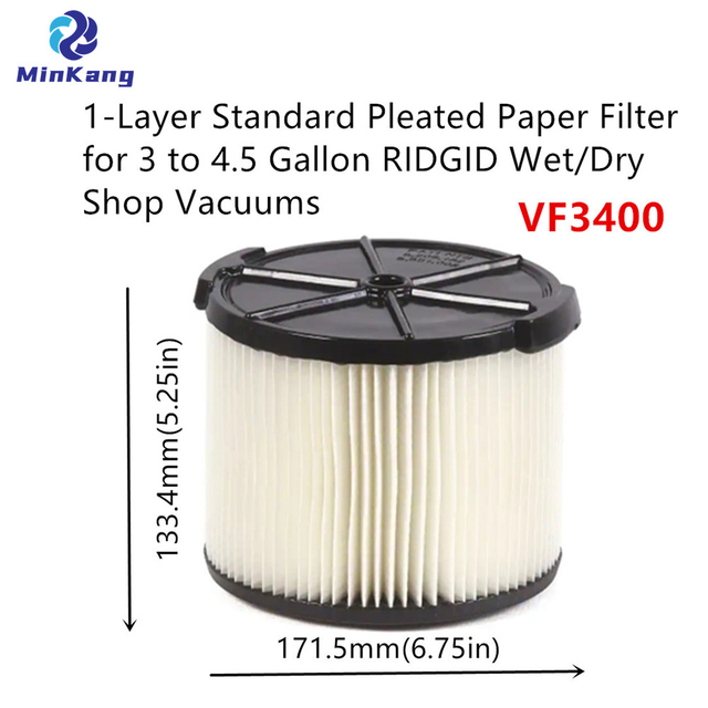 Filtro de papel plisado estándar de 1 capa VF3400 blanco para piezas de aspiradora RIDGID Wet/Dry Shop de 3 a 4,5 galones