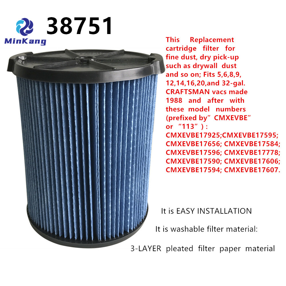 Filtro HEPA de vacío de cartucho azul 38751 9-38751 para filtro de aspiradora húmedo/seco de polvo fino Craftsman 38751 