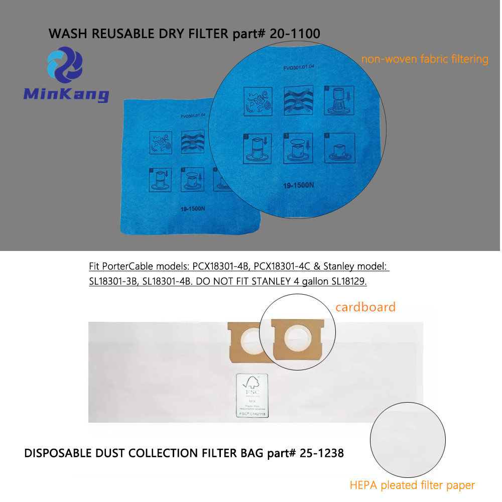 BOLSA DE FILTRO DE POLVO para aspiradora y FILTRO REUTILIZABLE no tejido para Stanley y PorterCable de 4 galones 