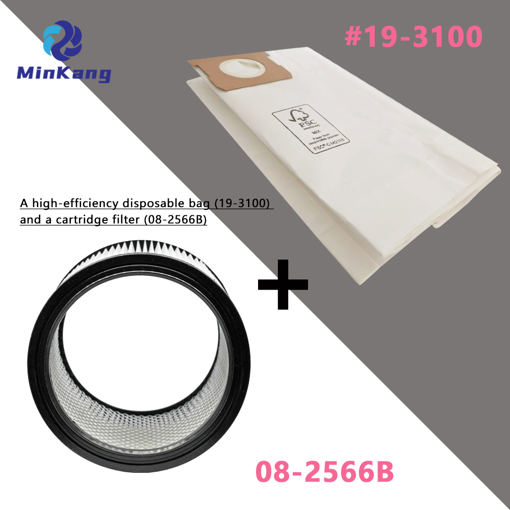 Bolsa desechable 19-3100 y filtro de repuesto de cartucho 08-2566B para aspiradoras húmedas/secas Hyper Tough AT18419P-5A AT18419-5B de 5 galones 
