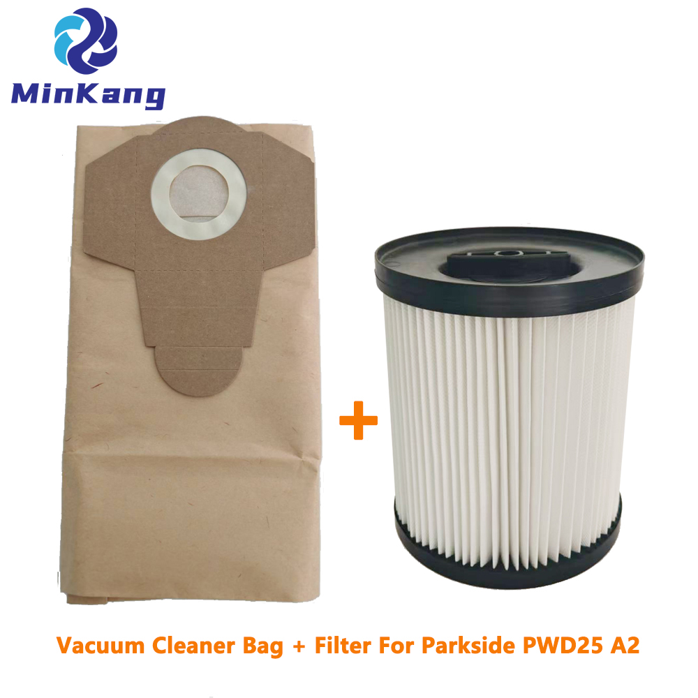 Bolsa de papel + filtro lavable de cartucho para aspiradora Parkside PWD25 A2 