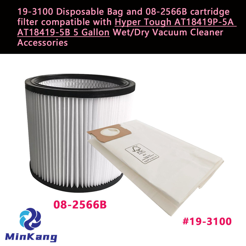 Bolsa desechable 19-3100 y filtro de repuesto de cartucho 08-2566B para aspiradoras húmedas/secas Hyper Tough AT18419P-5A AT18419-5B de 5 galones 