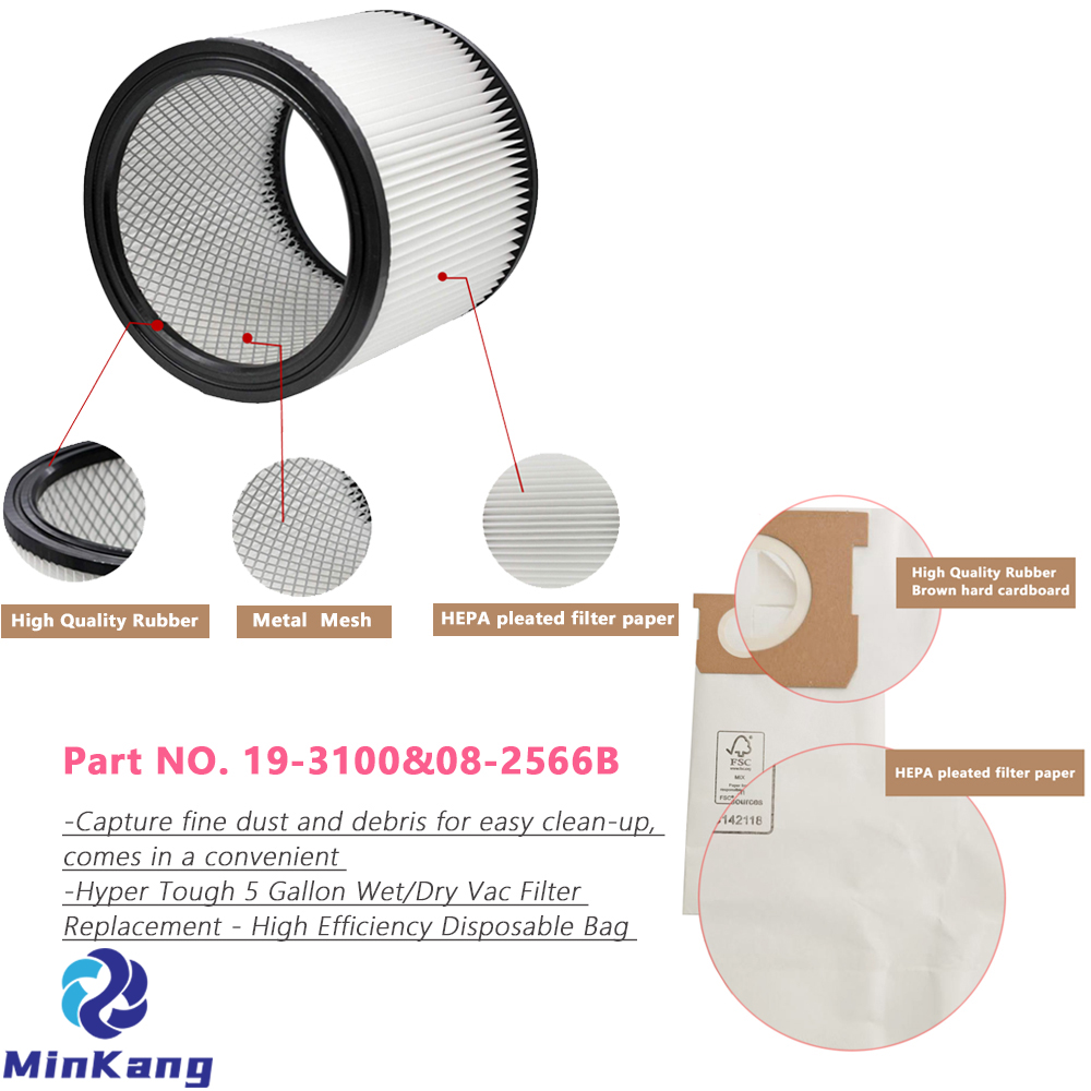 Bolsa desechable 19-3100 y filtro de repuesto de cartucho 08-2566B para aspiradoras húmedas/secas Hyper Tough AT18419P-5A AT18419-5B de 5 galones 